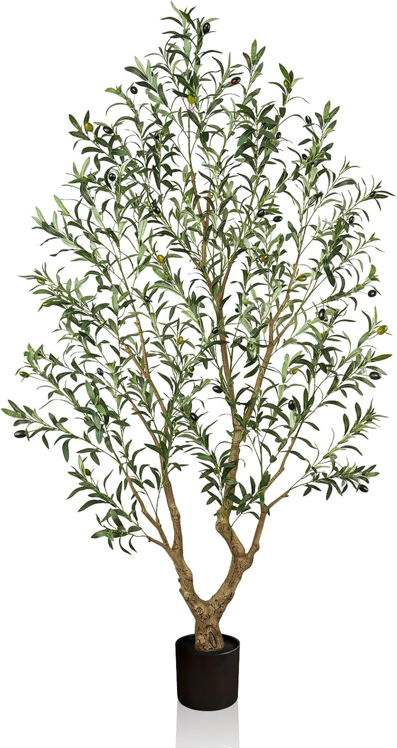 Front view of an artificial olive tree showing textured trunk, dense narrow leaves and dark olives in a black pot.