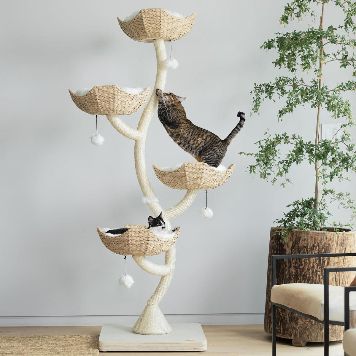Cream rope-wrapped trunk and woven basket cups with a cat jumping between levels in a bright room
