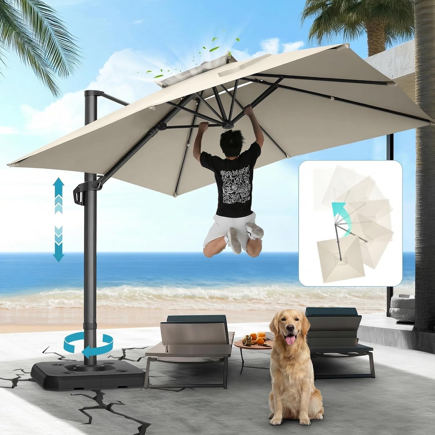 Beige cantilever patio umbrella with offset pole over poolside seating and a golden retriever in the foreground