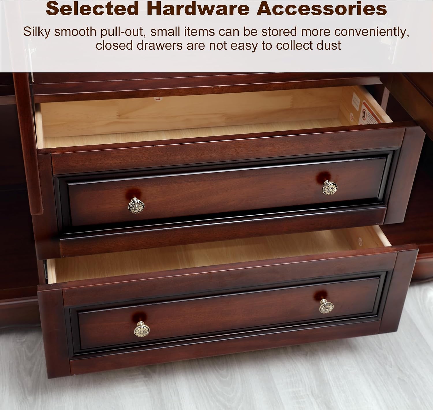 Two partially open lower drawers with decorative round metal knobs and a view into the unfinished drawer interiors.