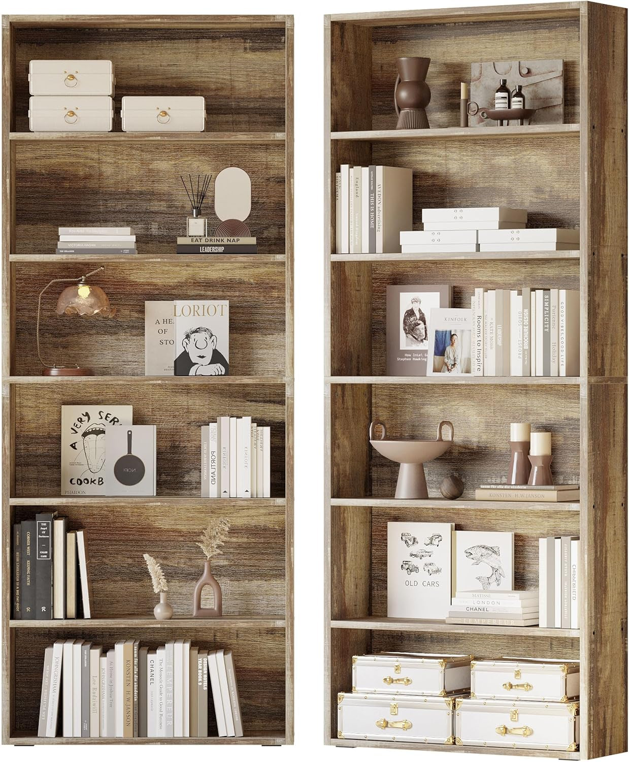 Two warm-medium brown 6-tier bookcases paired and accessorized with stacked white trunks and neutral decor