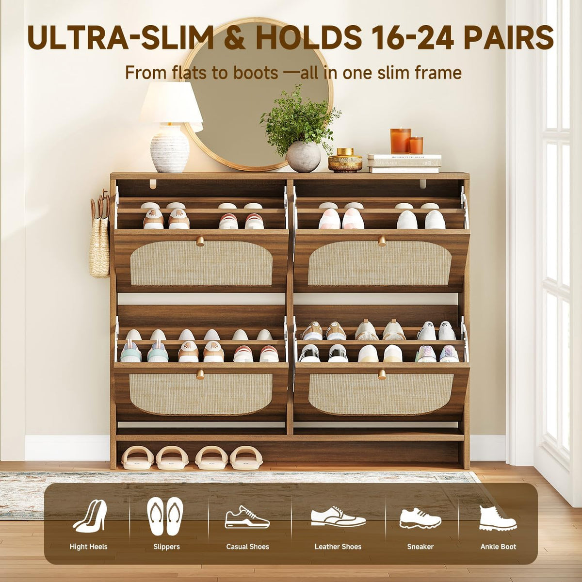 Front view of a two-column shoe cabinet with all four tilt drawers open, filled with shoes.