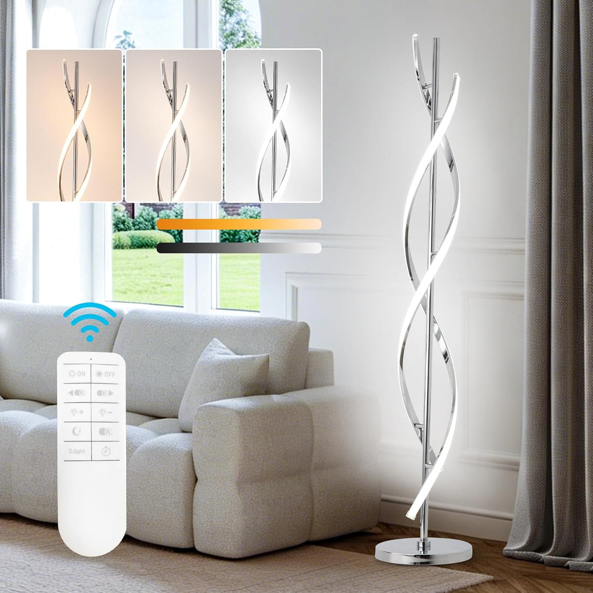 Silver spiral LED floor lamp lit beside a beige sofa and curtain, remote shown in foreground.