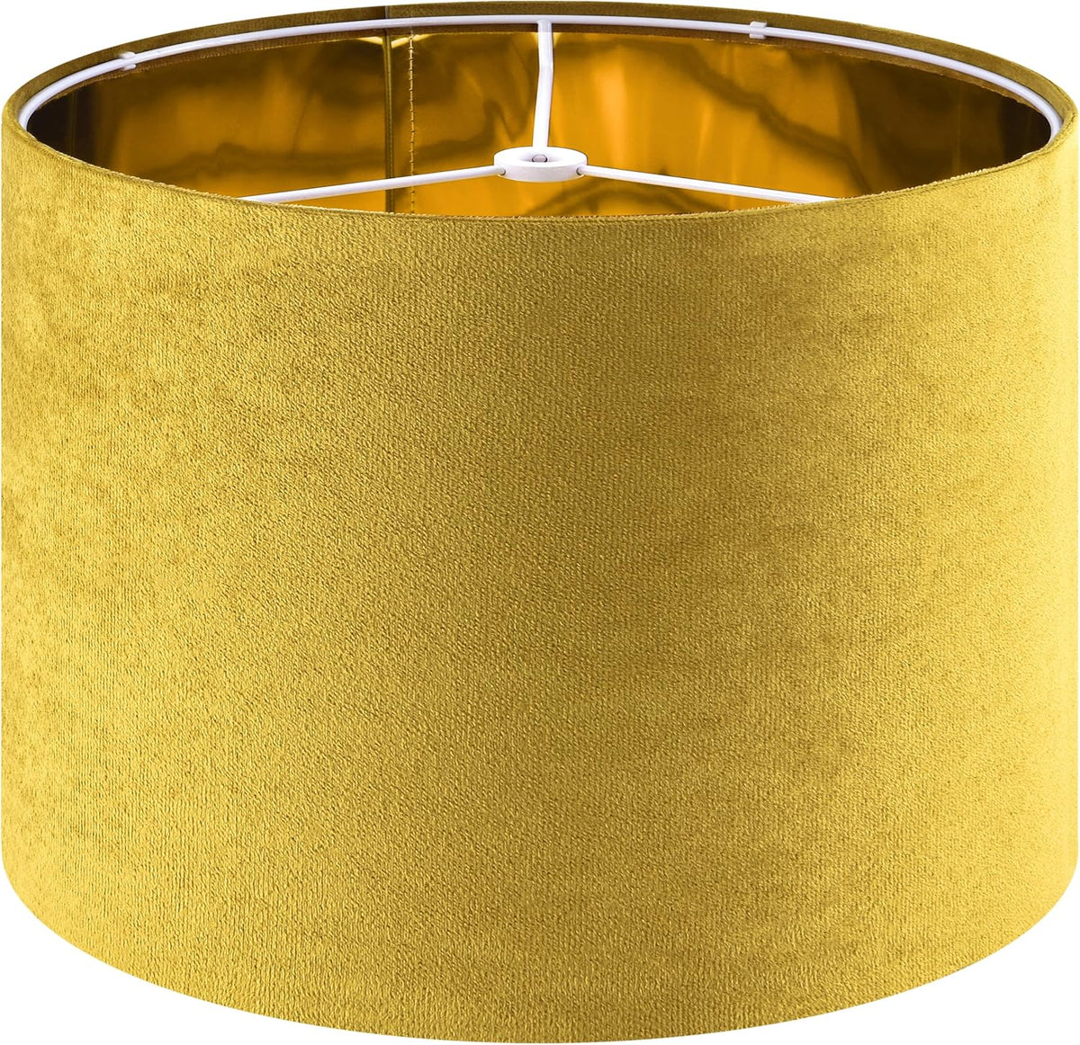 Close top-down view of a warm yellow drum shade showing reflective metallic interior and three-armed white fitter.