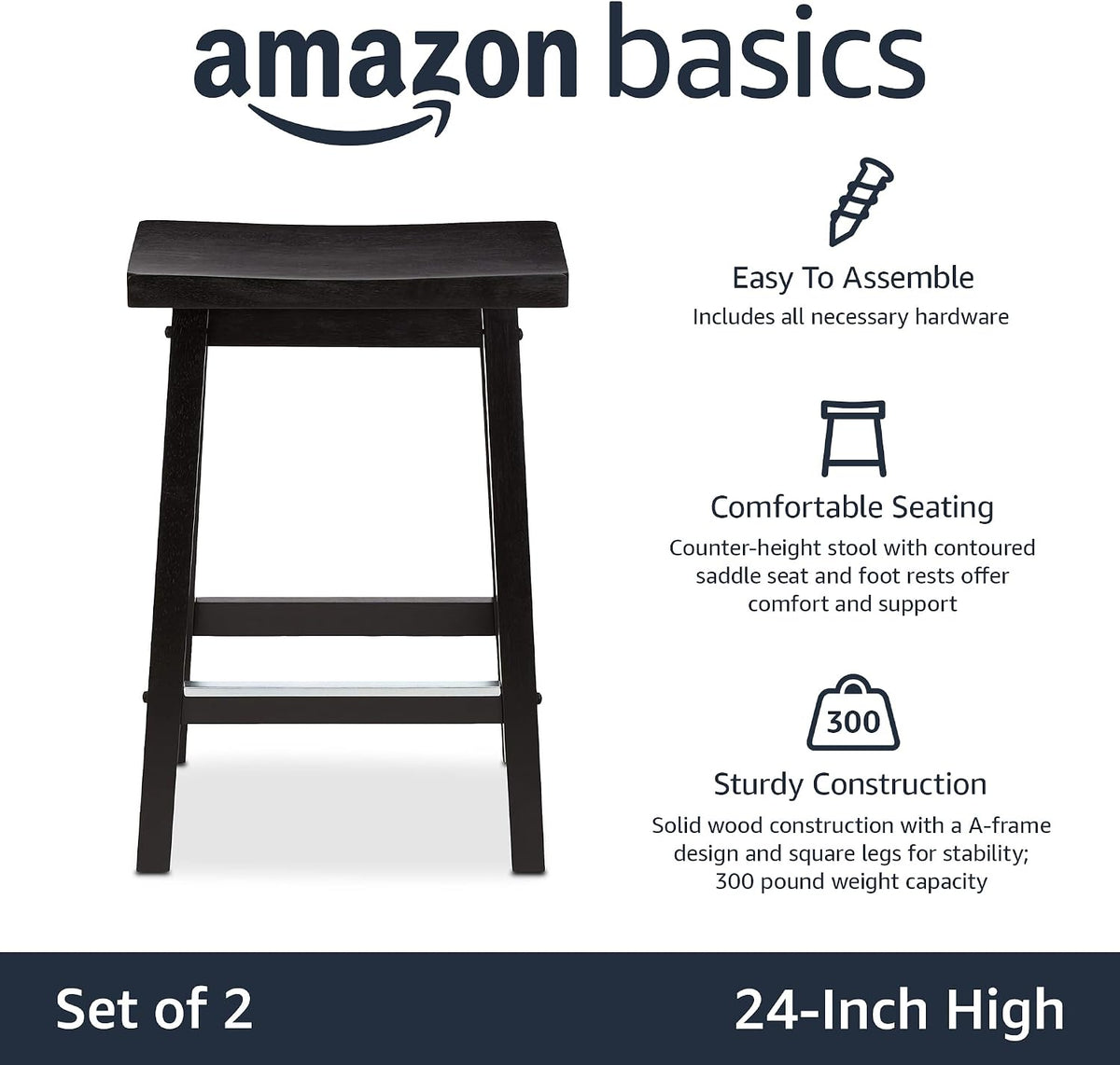Single black wooden counter stool front view with overlaid feature icons and text on a white background