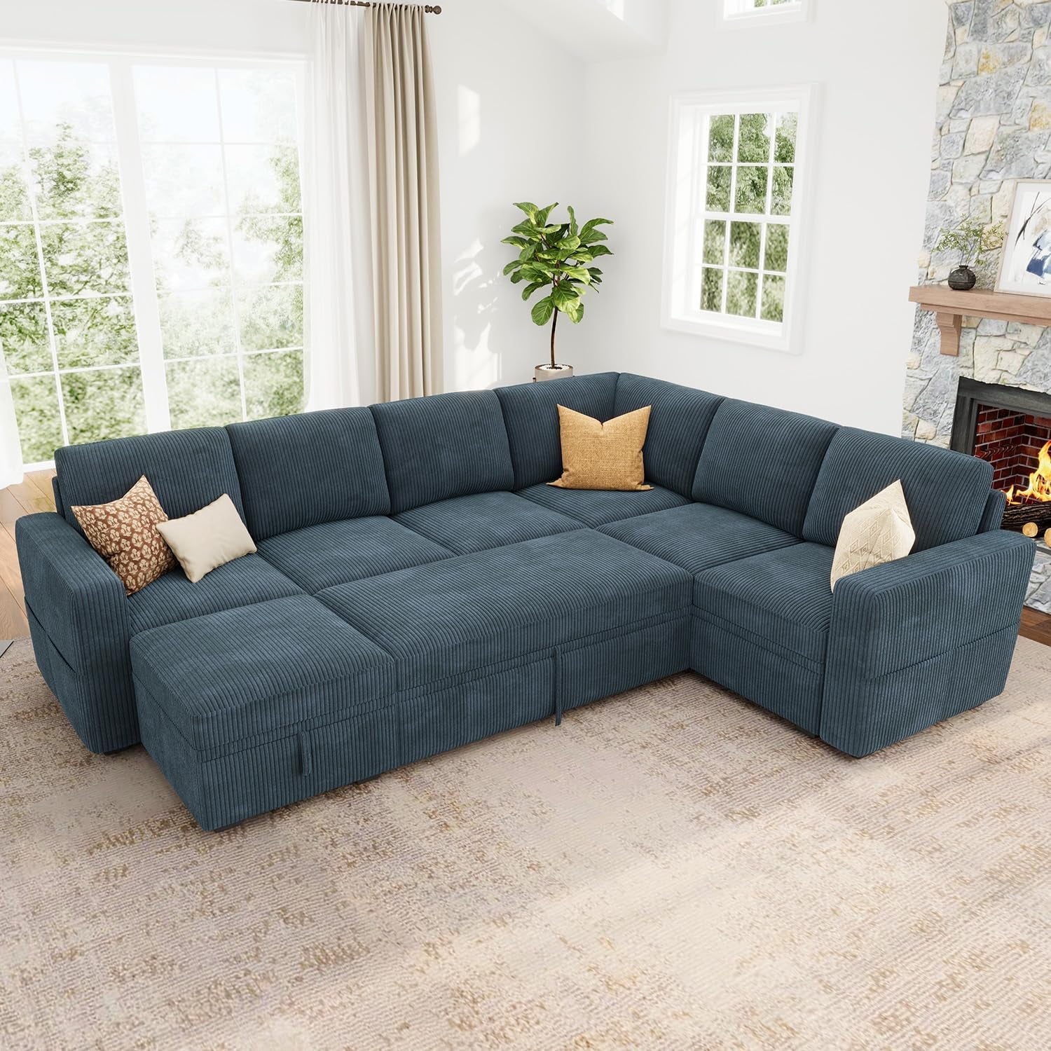 Modular Sectional Sleeper Sofa, Corduroy Sleeper Pull-Out Bed Couch with Storage, U Shaped Sectional Couches for Living Room, Blue
