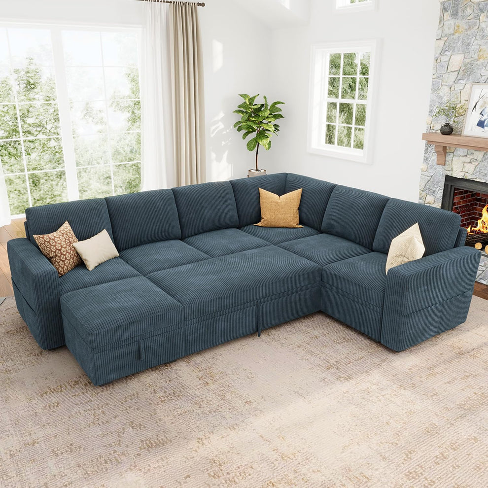 Modular Sectional Sleeper Sofa, Corduroy Sleeper Pull-Out Bed Couch with Storage, U Shaped Sectional Couches for Living Room, Blue