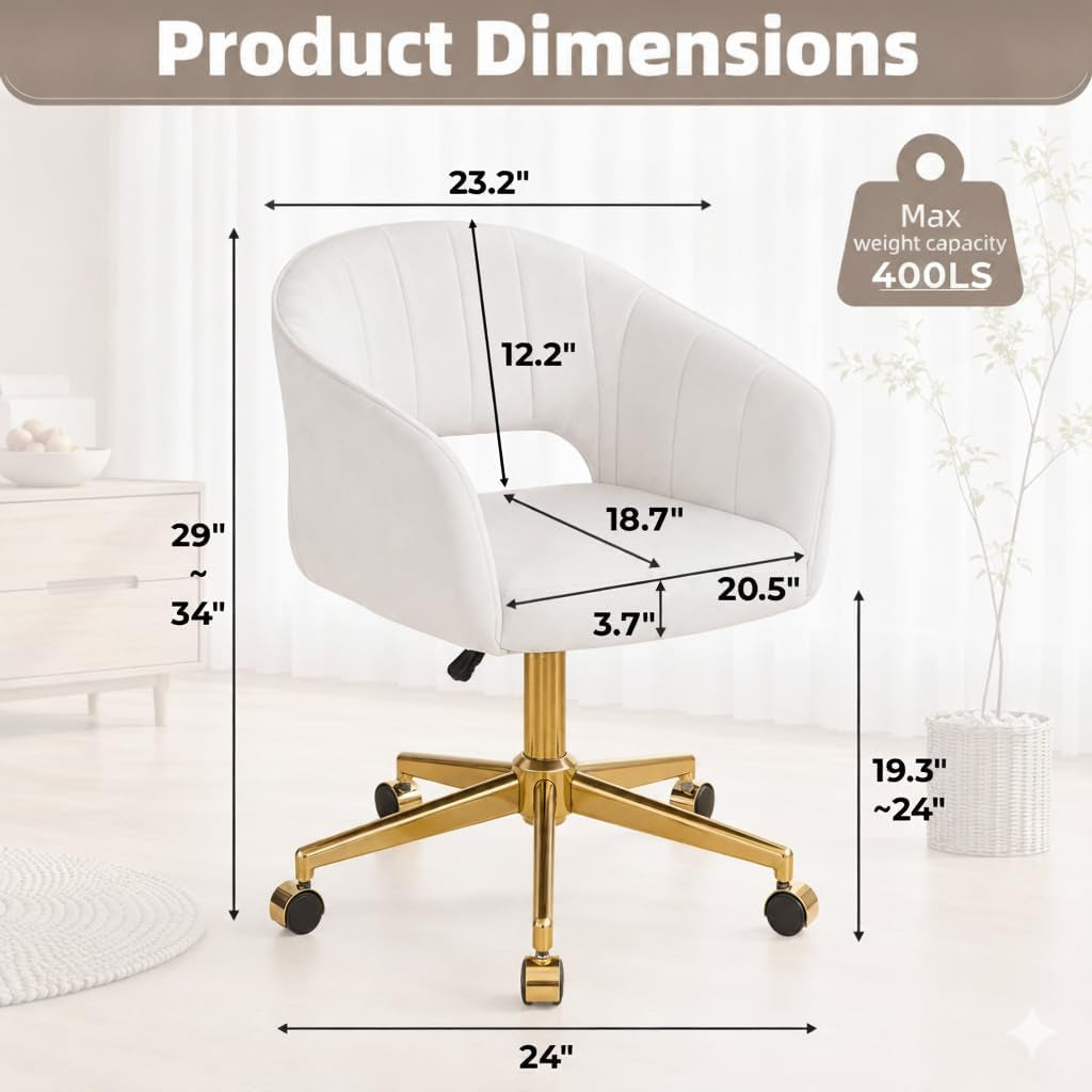 Front view with dimension overlay showing seat width 20.5" and seat depth 18.7" on pearl white chair with gold base