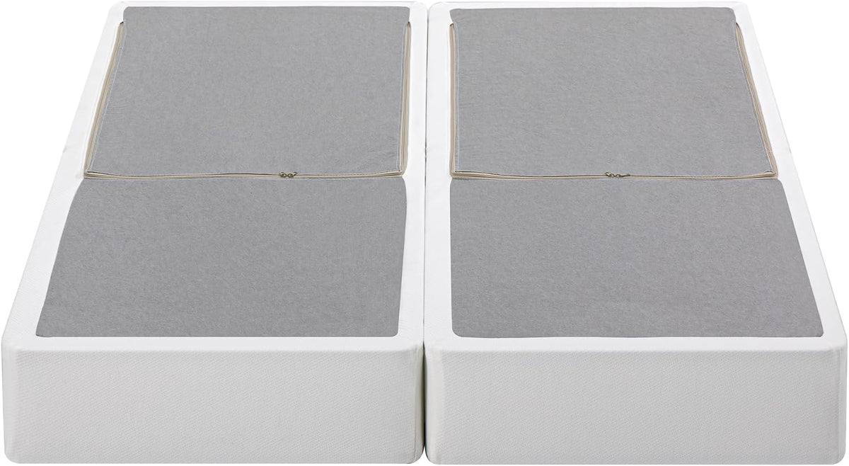 Pair of white folding box spring foundations shown side-by-side with grey tops, top-down view