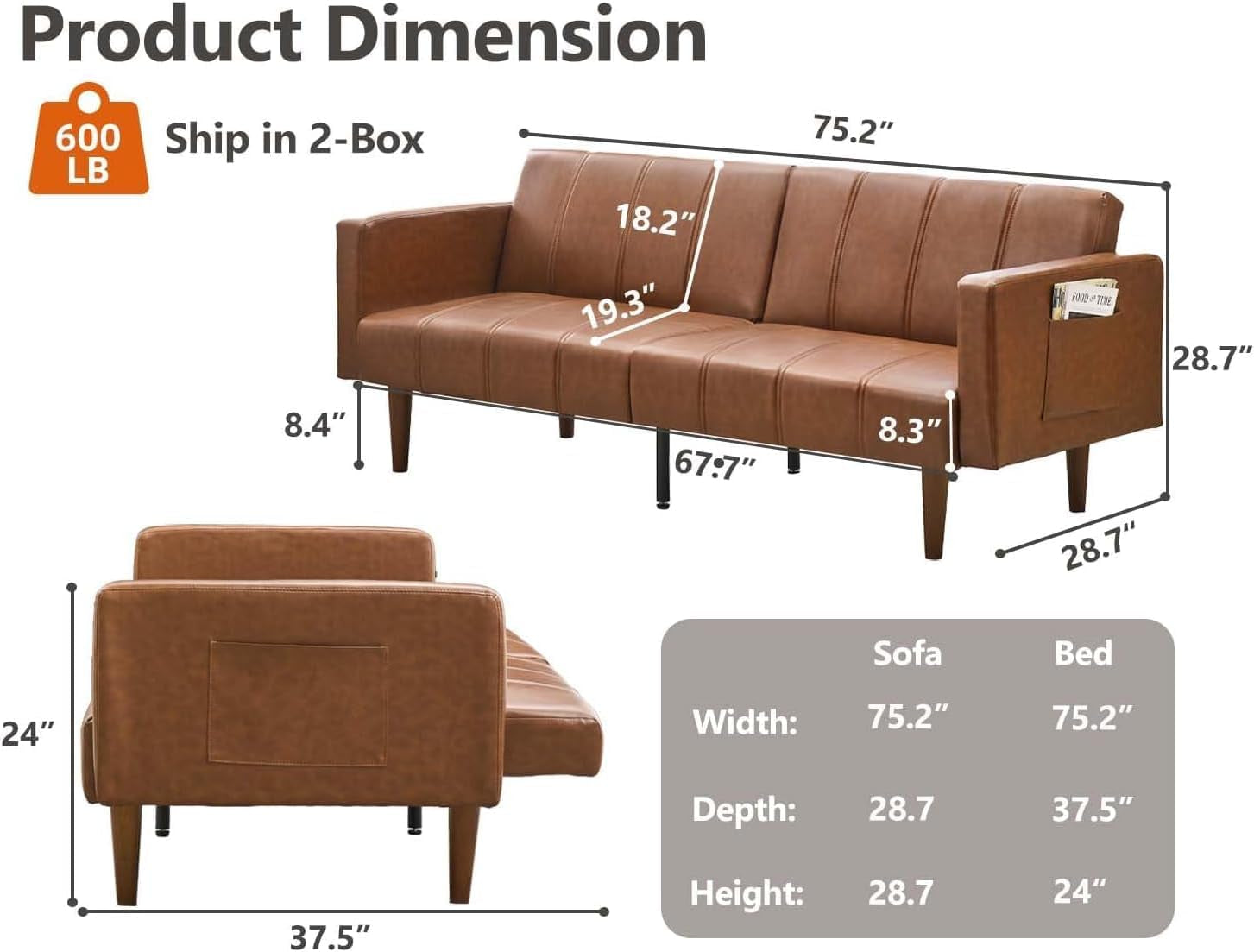 Futon sofa with product dimensions callouts showing 75.2 inch width and depth measurements