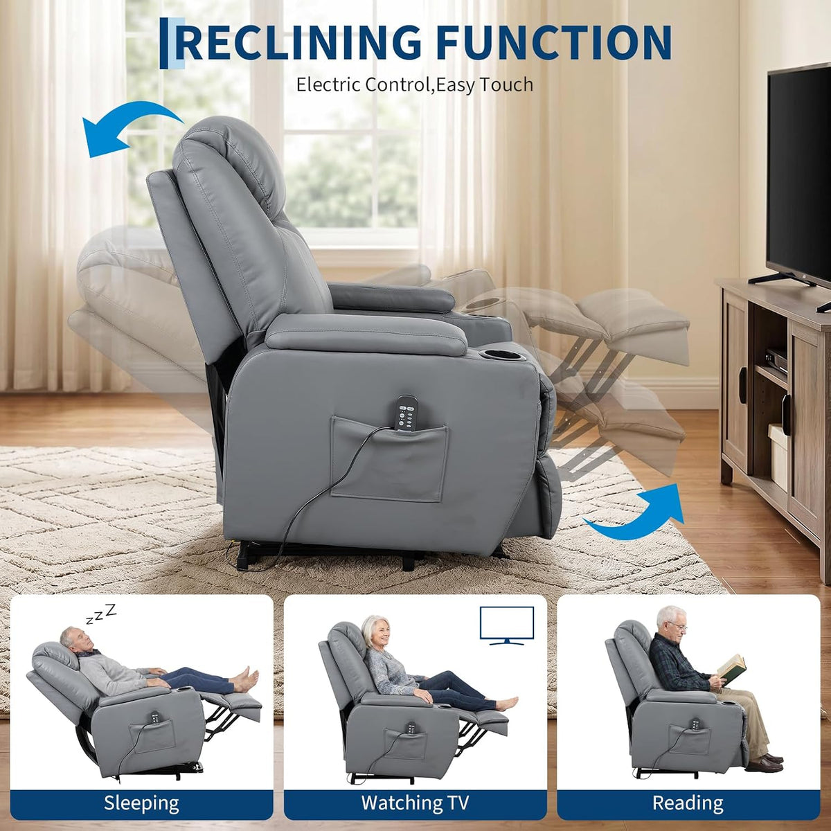 Side view of the gray electric recliner with ghosted images showing range of motion and a remote tucked in the side pocket.