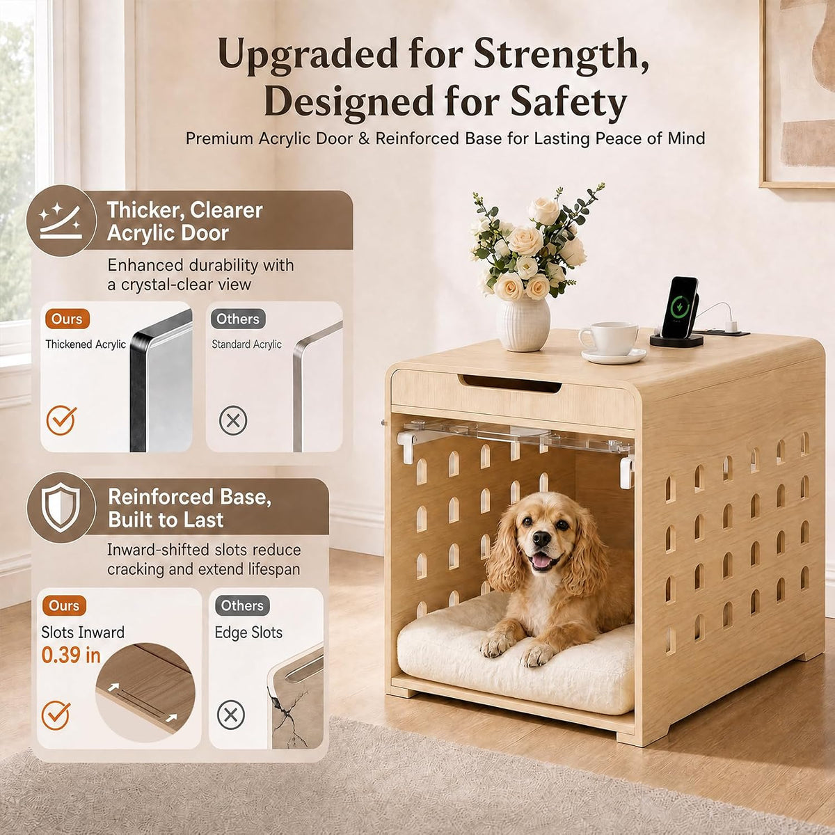 Oak crate with a dog inside showing thicker acrylic door and inward-shifted base slots.