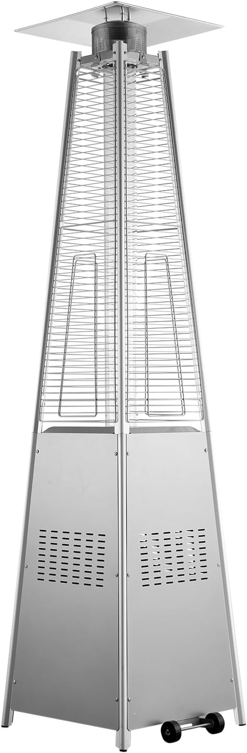 Tall pyramid-style outdoor patio heater in silver finish with protective mesh and wheels at base