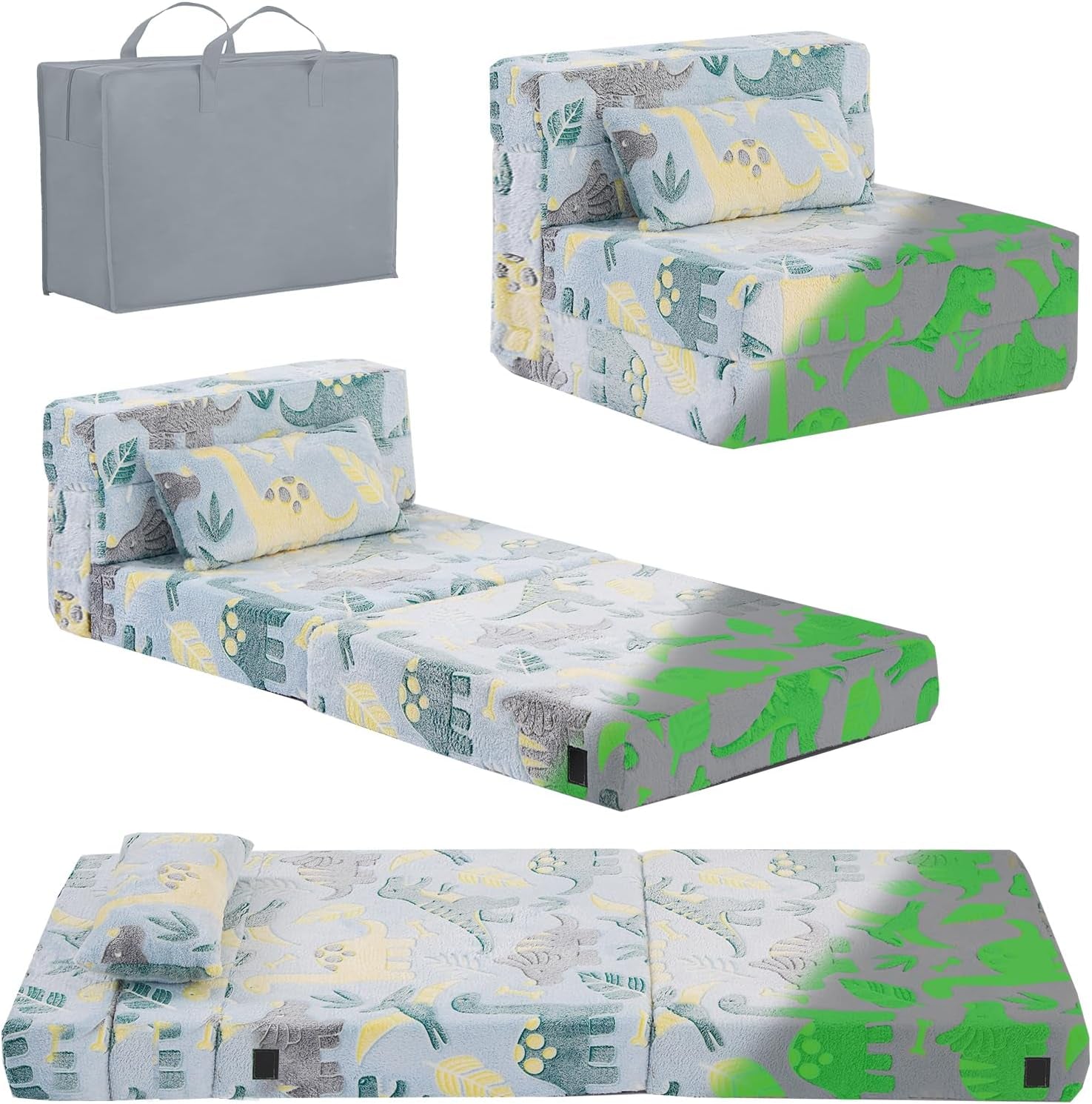 Collage showing dinosaur-print folding mattress in sofa and fully unfolded positions with a gray carry bag.