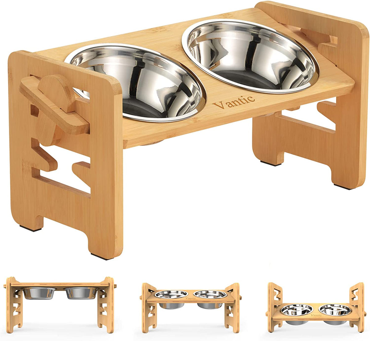 Elevated bamboo double-bowl stand with two stainless bowls shown from an angled front view.