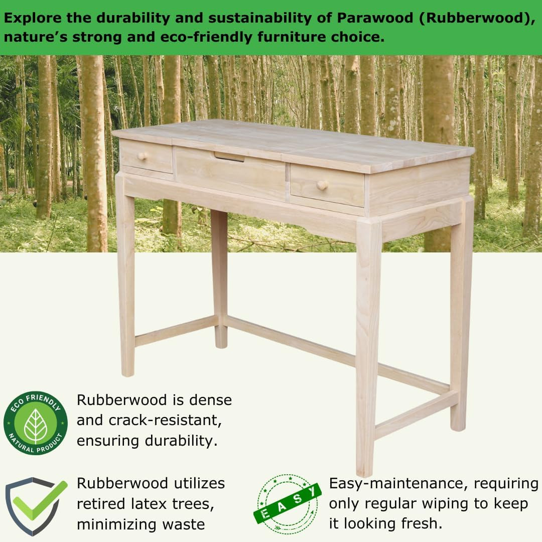 Parawood vanity with flip-up mirror open and both side drawers extended showing felt-lined interiors.