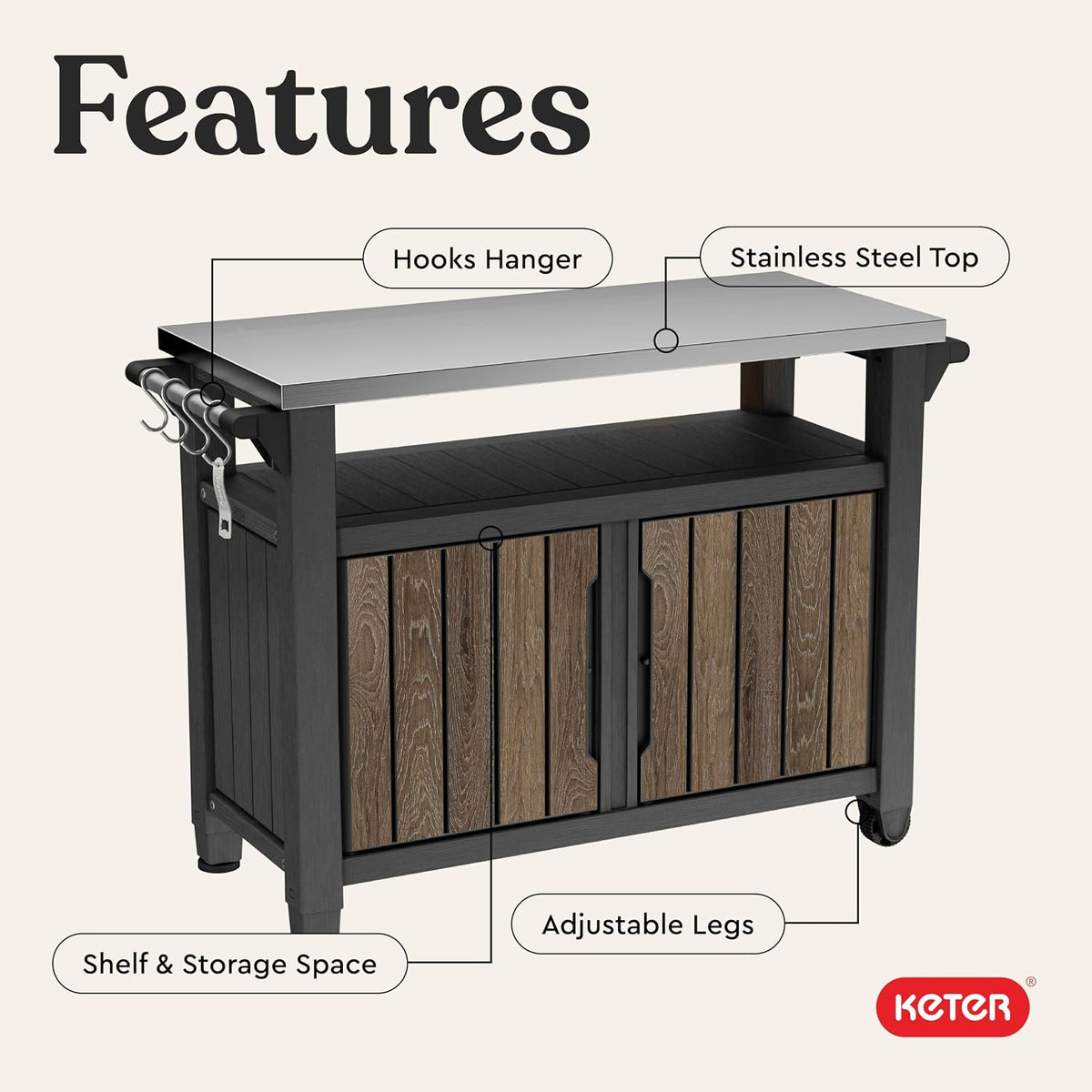 Graphic view highlighting features: stainless-steel top, hooks, shelf and adjustable legs on the station