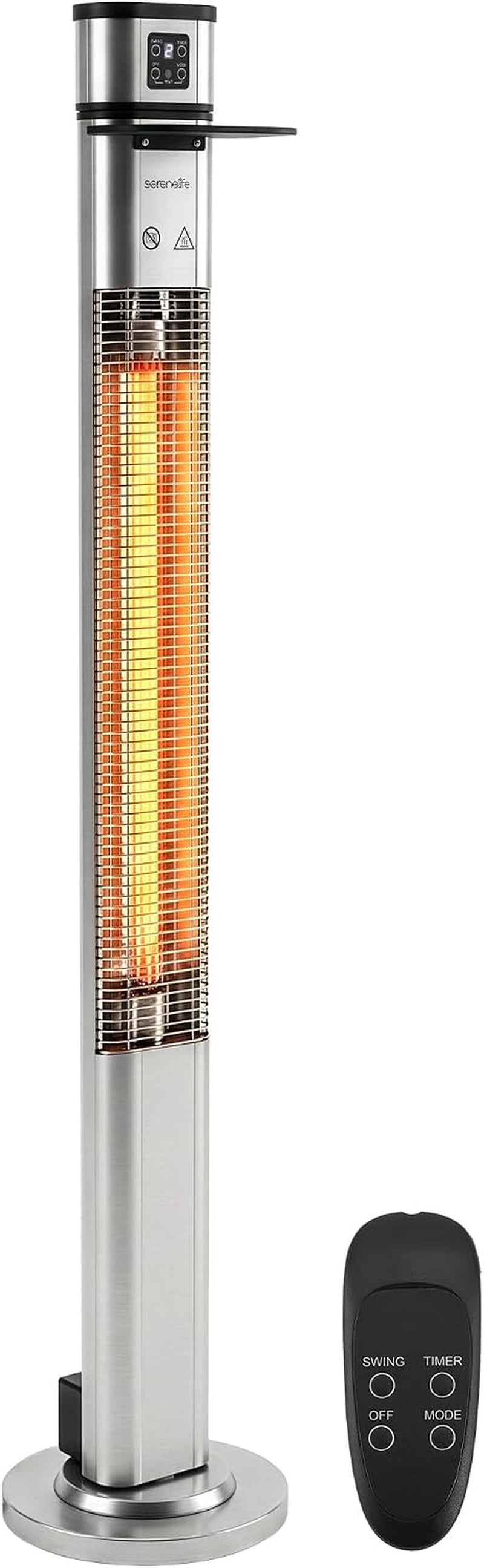Studio shot of a slim silver standing patio heater with its small black remote beside it.