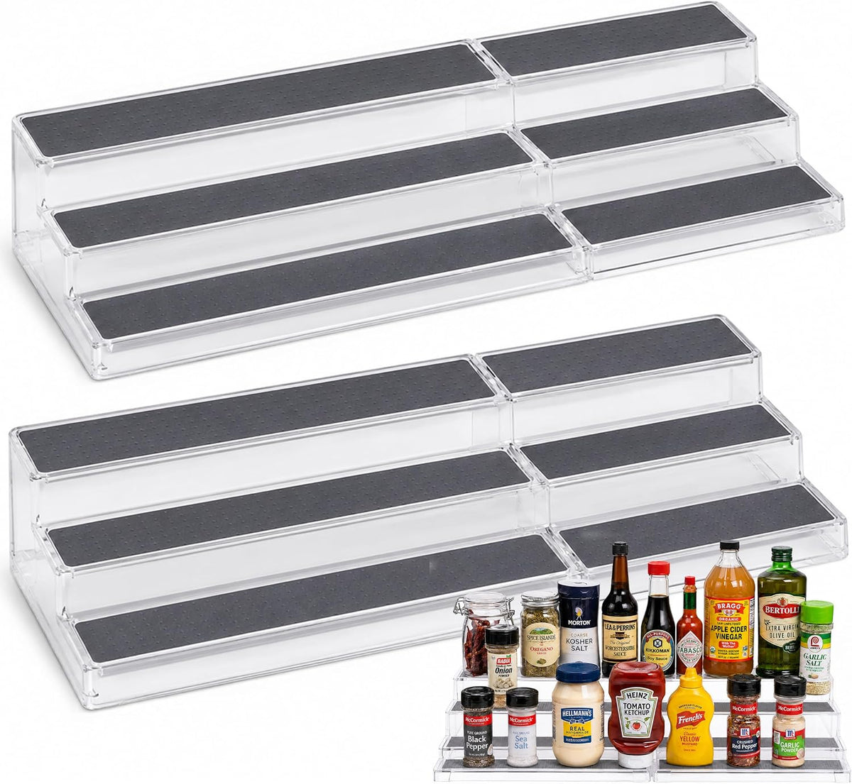 Two clear 3-tier expandable racks shown separately, the lower rack filled with assorted bottles and jars.