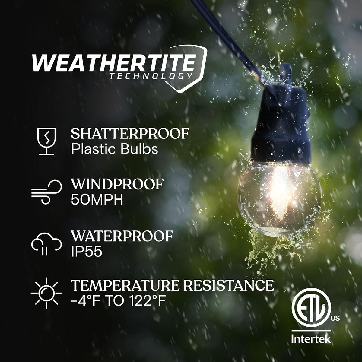 Single shatterproof globe bulb illuminated under falling rain, close-up showing water droplets.