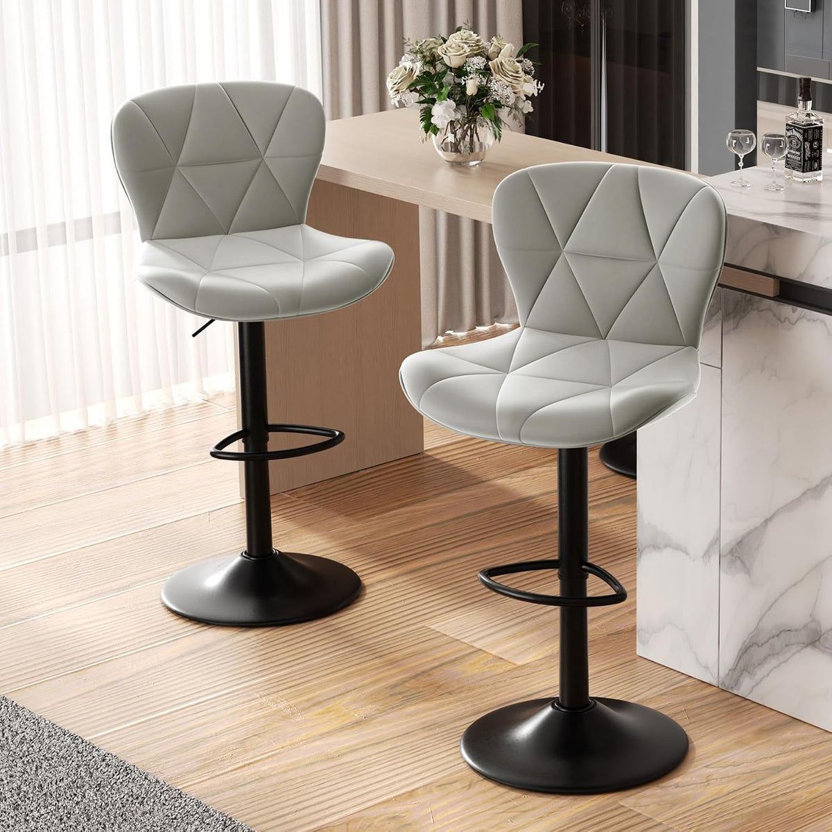 Nalupatio Modern Bar Stools Set of 2, Adjustable Faux Leather Upholstered Swivel Bar Stools, Counter Height, gallery view 27