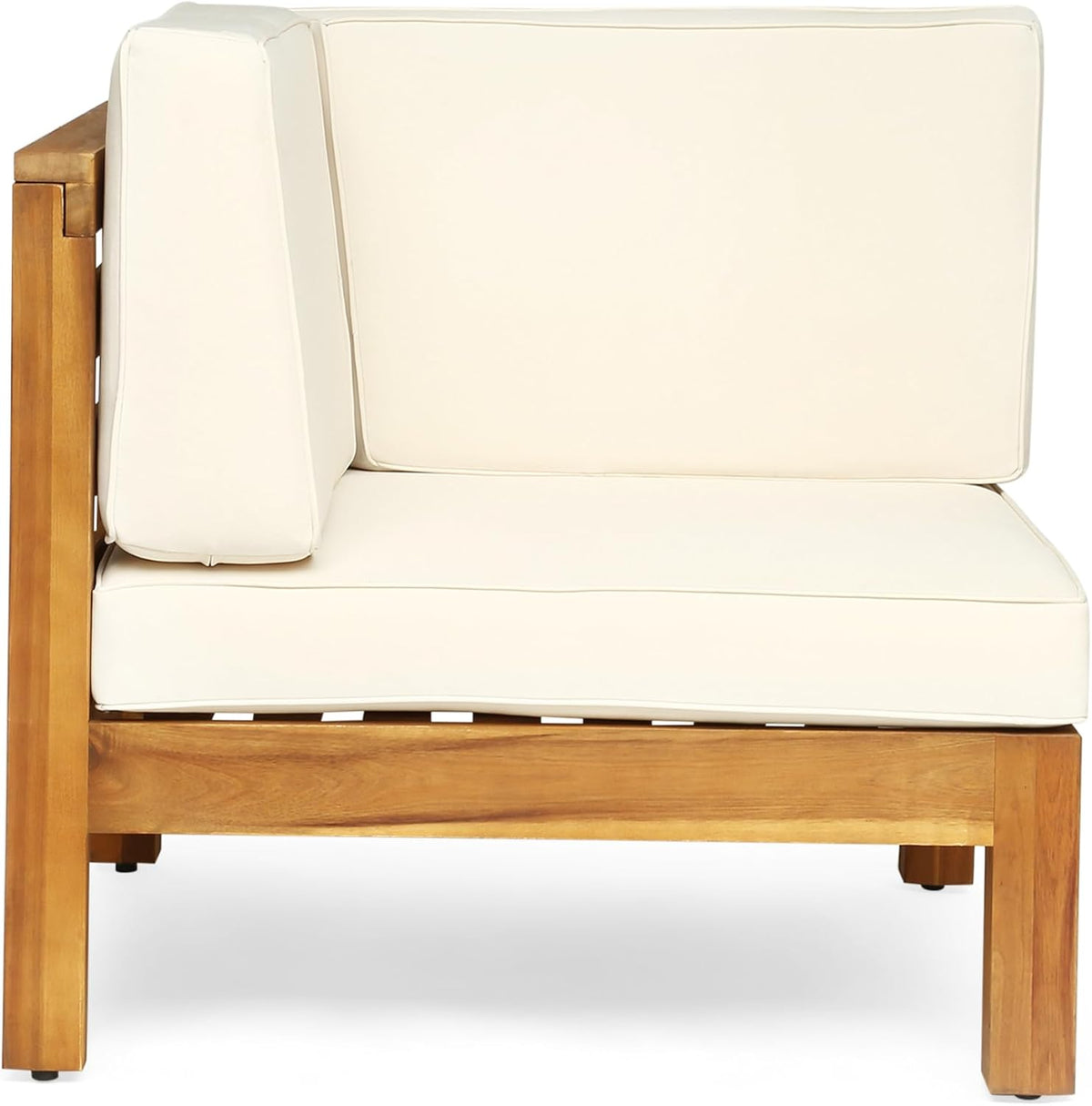 Close-up side profile of a corner module showing back and seat cushions on a teak-finish acacia frame