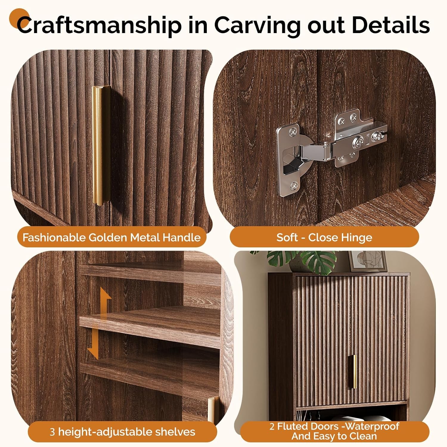 Close-up collage of golden cabinet handle, soft-close hinge, three height-adjustable shelves, and fluted door texture in dark