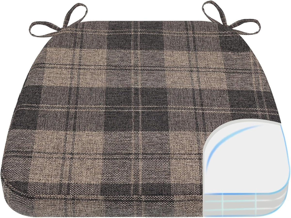 Top view of a single plaid brown-beige D-shaped cushion with a corner cross-section illustration