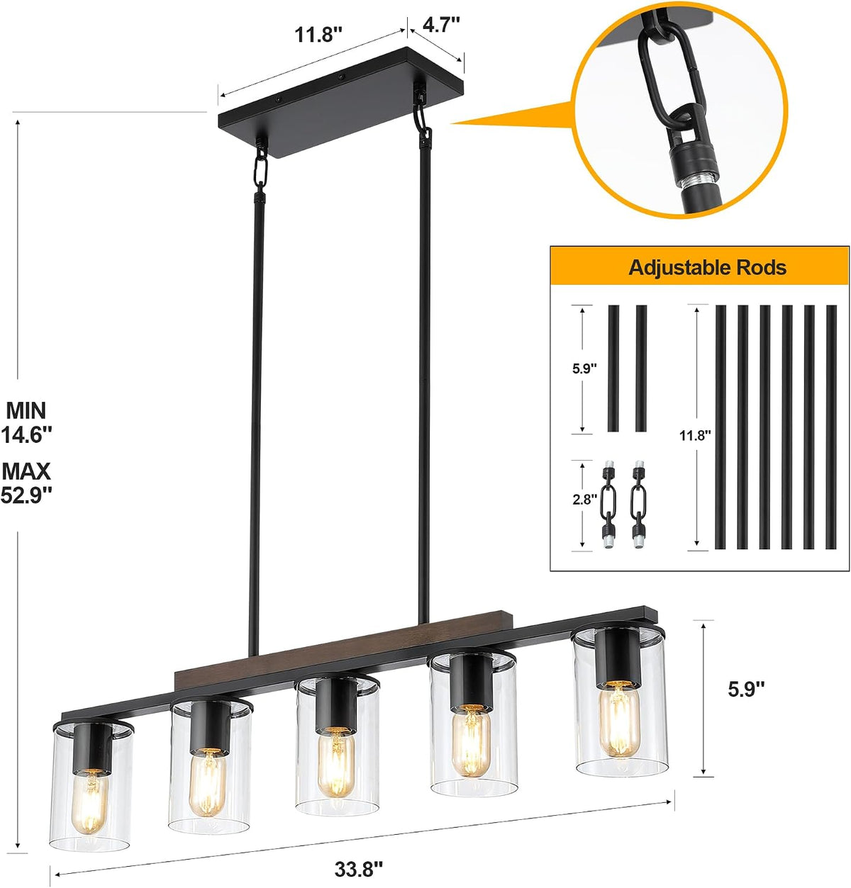 Close-up of the clear glass cylindrical shades and E26 sockets on the matte black linear chandelier