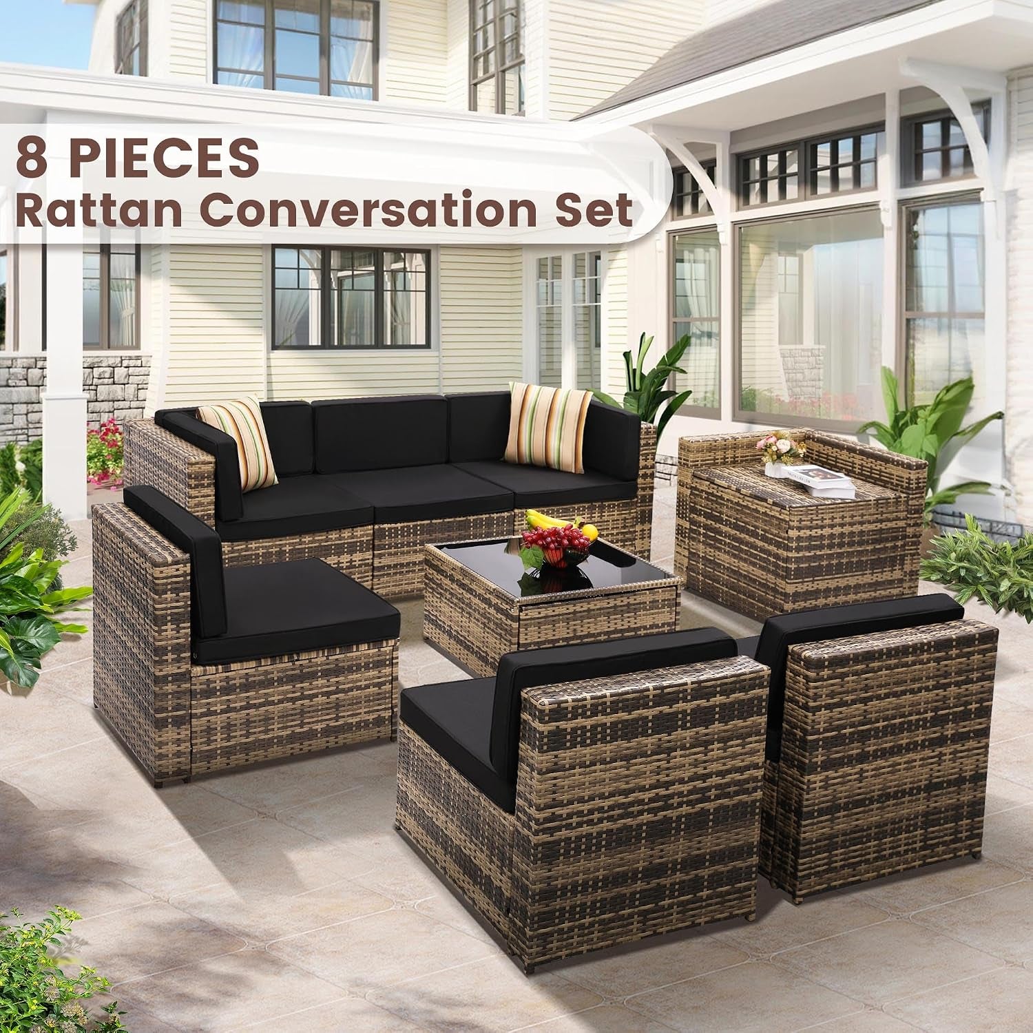 8-piece rattan conversation set with black cushions and a tempered glass coffee table, staged on a tiled patio