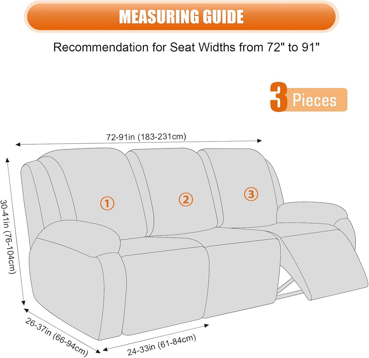 Illustrated measuring guide for recliner slipcover showing recommended seat width 72–91 in and height 30–41 in