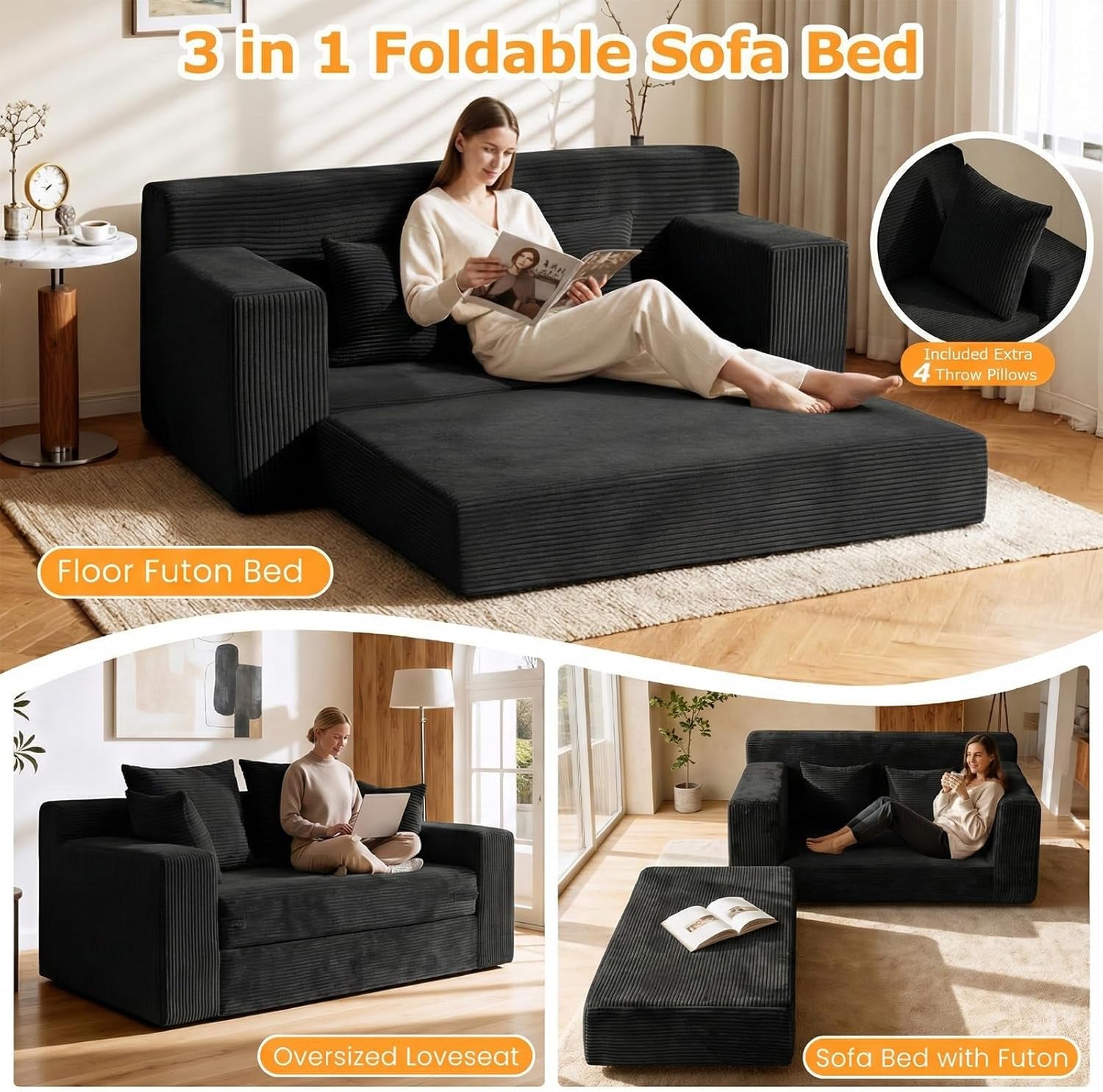 55" Small Boneless Couch, 3-In-1 Boneless Loveseat Sleeper Sofa Bed Convertible Sofa Bed with 4 Pillows, Black Corduroy Boneless Couch for Living Room, Guest Room, Small Space, No Assembly Required