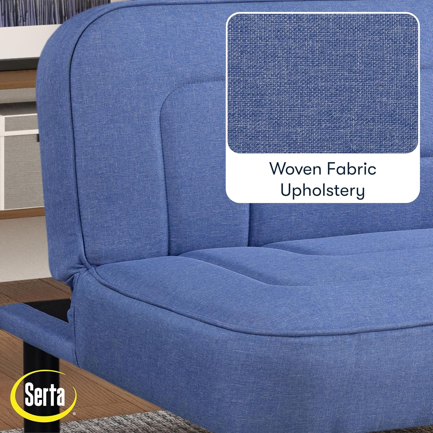 Close-up of blue woven upholstery on the futon seat and back with a fabric swatch overlay.