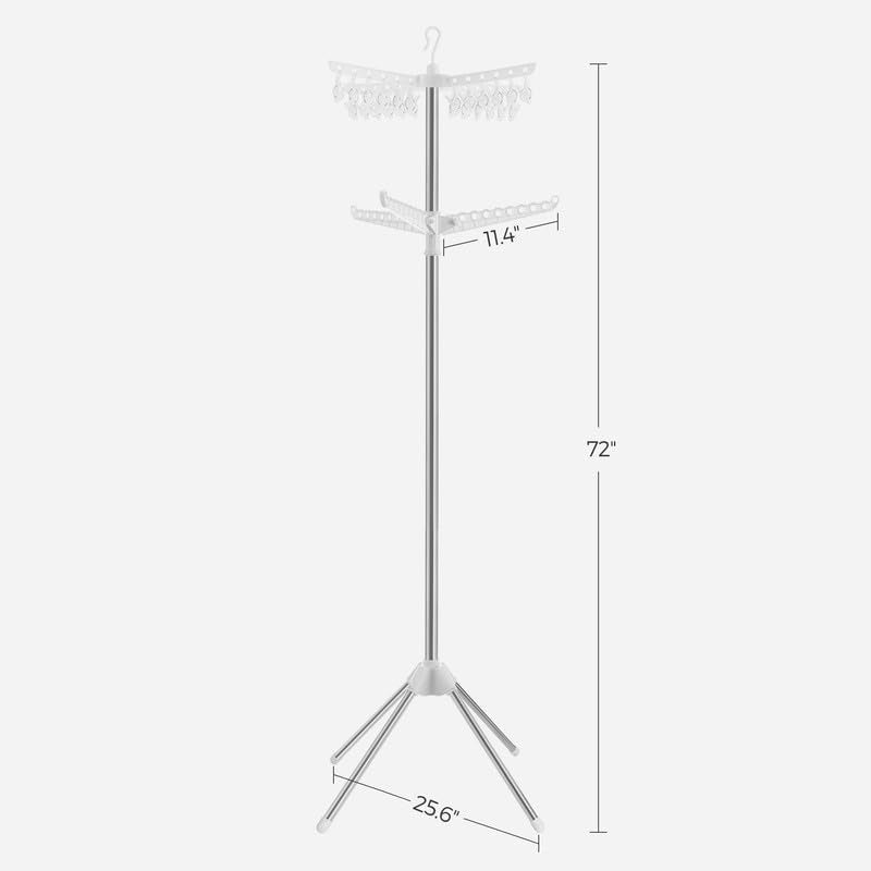 Technical diagram of the drying rack with measurements showing 72-inch height and 25.6-inch leg spread