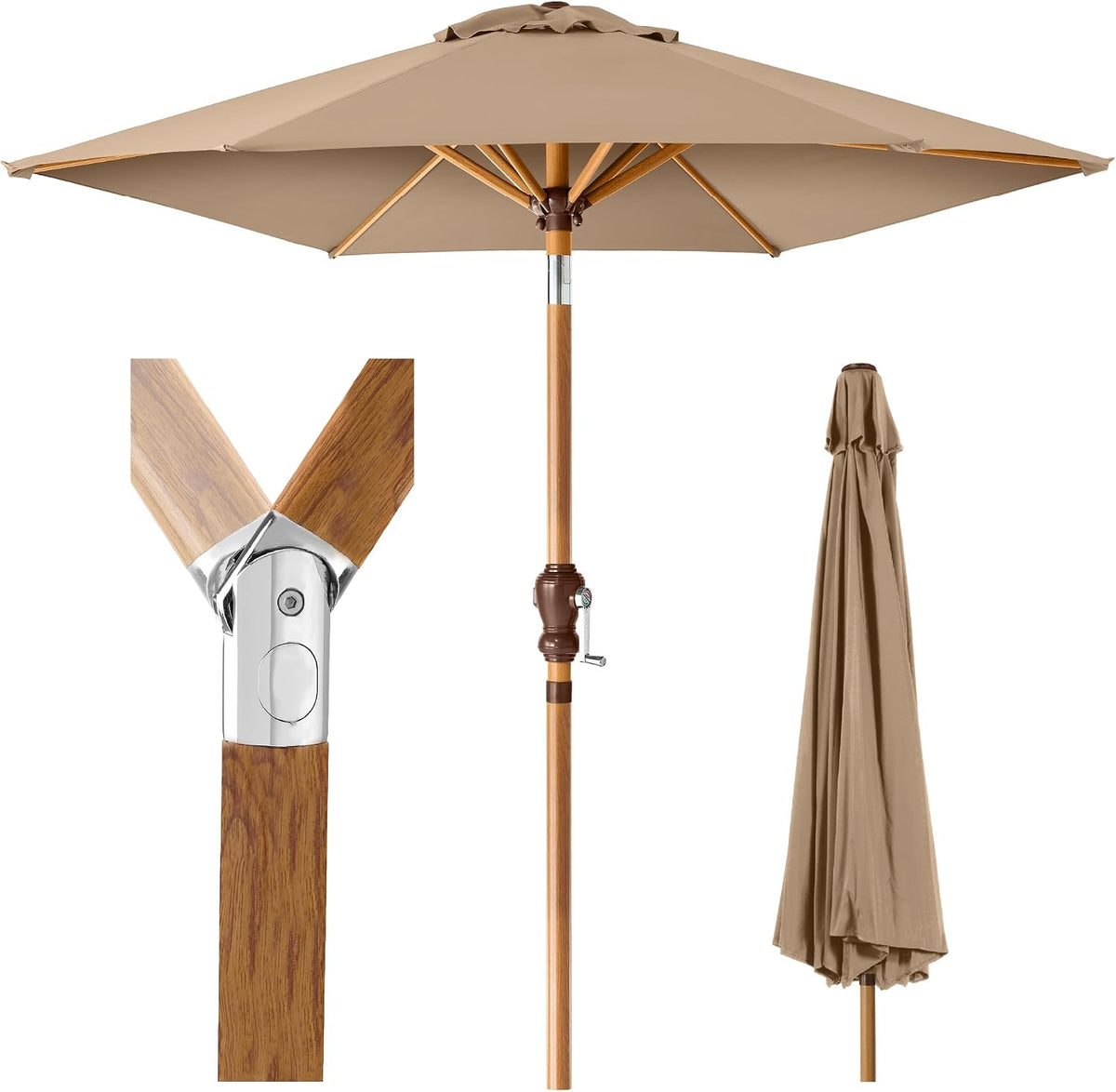 Tan 10 ft market umbrella underside view showing woodgrain-finish ribs, pole close-up and folded cover.