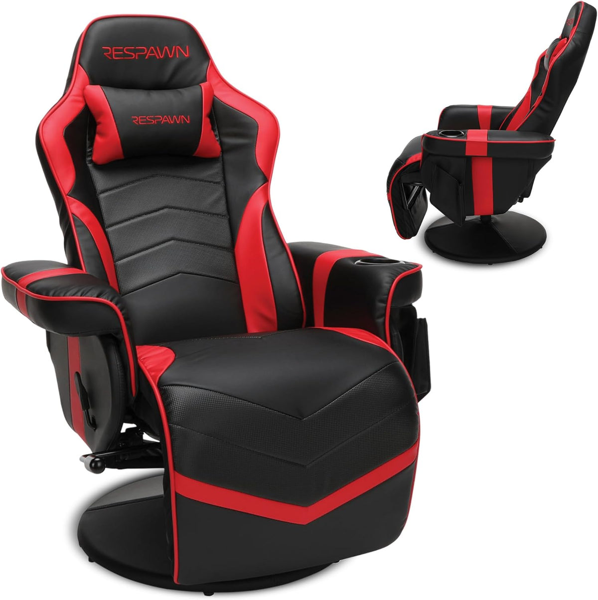 Black and red gaming recliner shown front-facing with inset side view, highlighting cup holder and footrest.