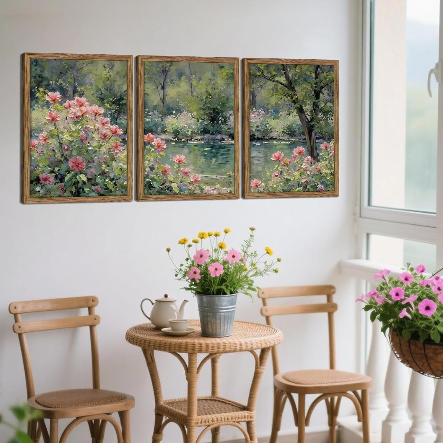 Framed Monet Wall Art Set of 3, Impressionist Botanical Floral Canvas Wall Decor, Vintage Cottagecore Artwork Paintings, Nature Landscape Flowers Prints Pictures for Living Room Bedroom 12x16 Inch