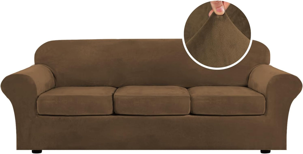 Straight-on shot of a three-seat sofa in medium brown with inset close-up of the stretch velvet being pinched