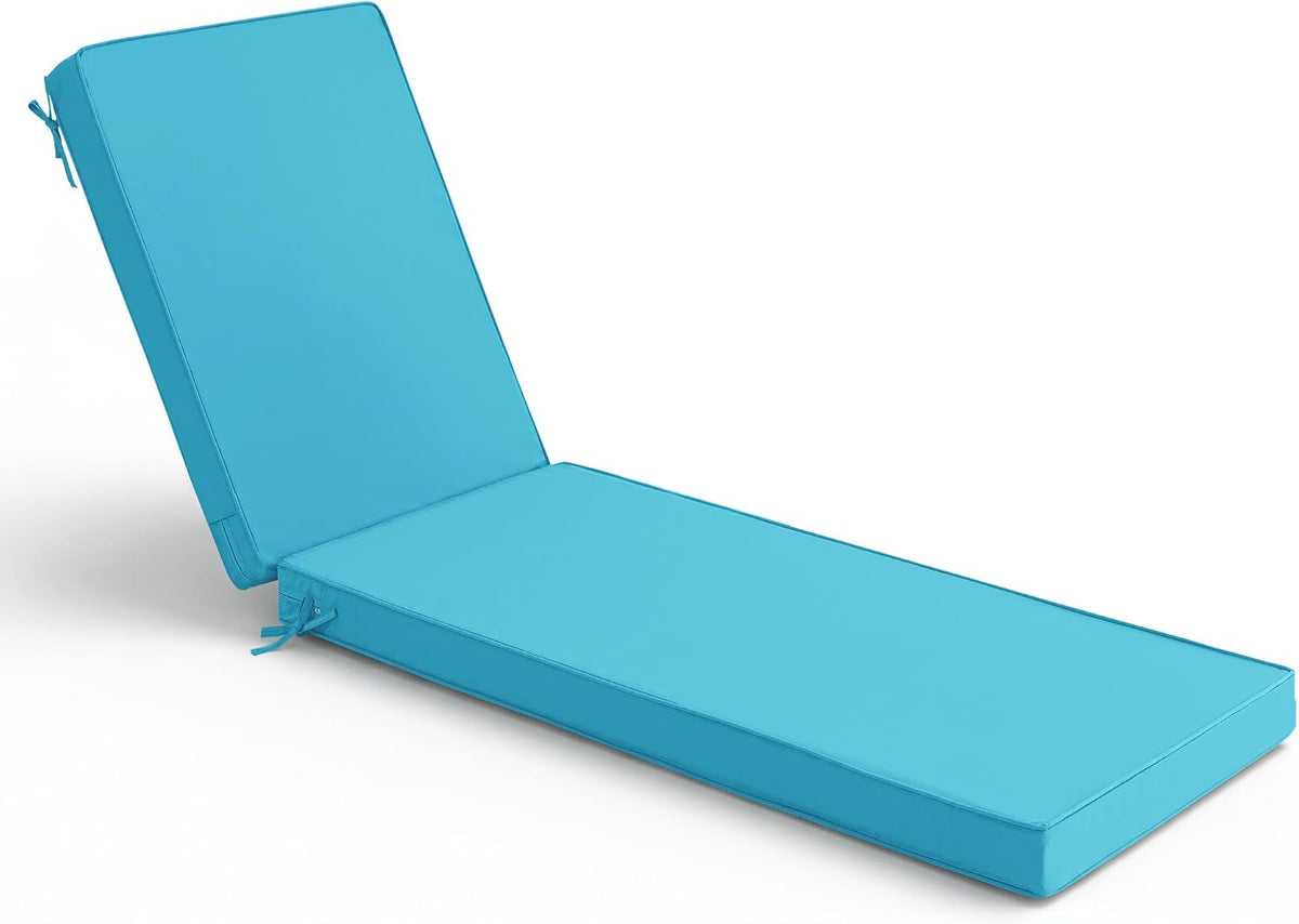 Bright aqua-blue chaise lounge cushion shown flat with its back section angled upright.