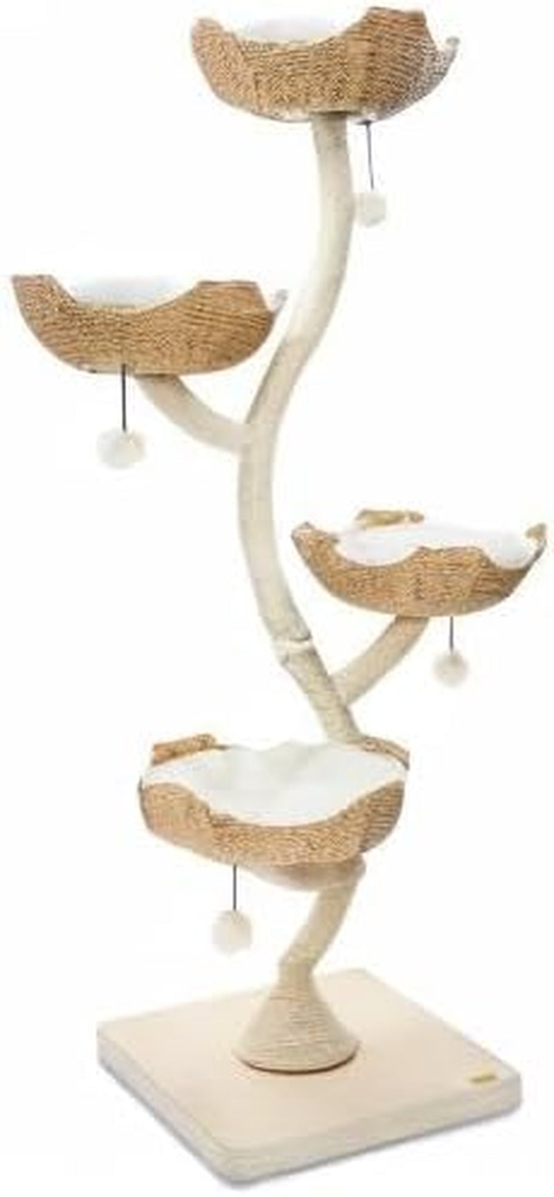 Full view of a tall cat tree with four woven bowl perches, curved sisal posts, square base, and hanging pom-pom toys.
