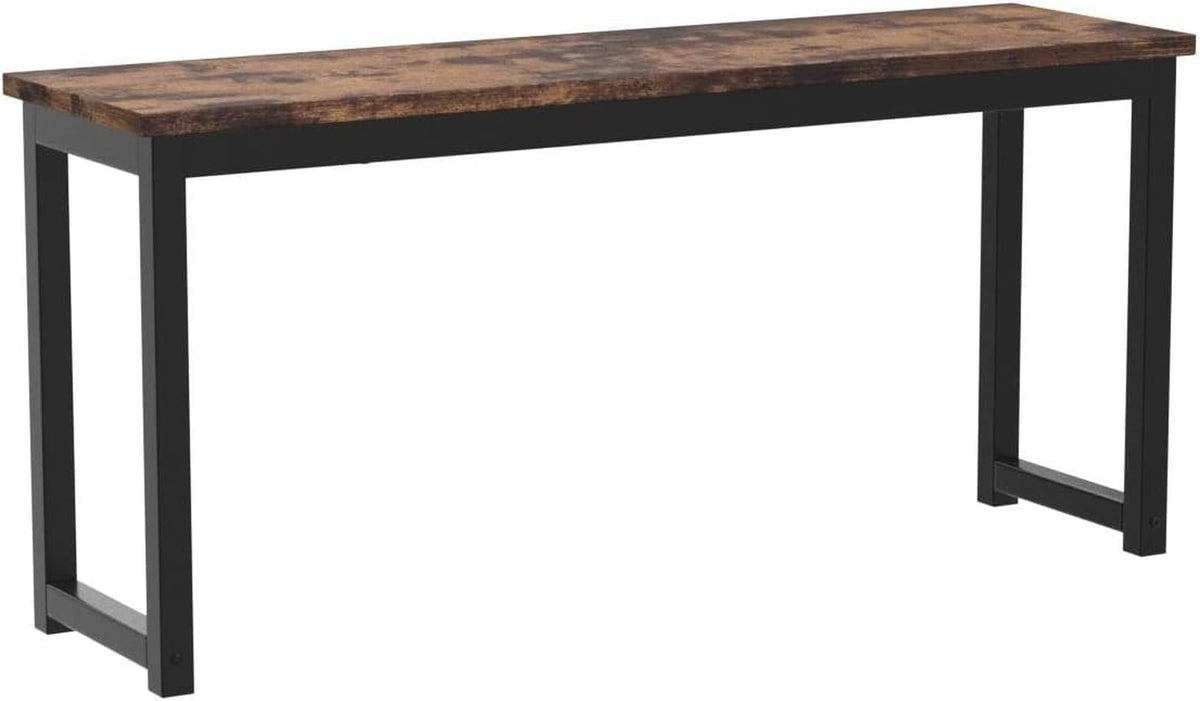 Side view of a single rustic brown top bench with black rectangular metal legs on a white background