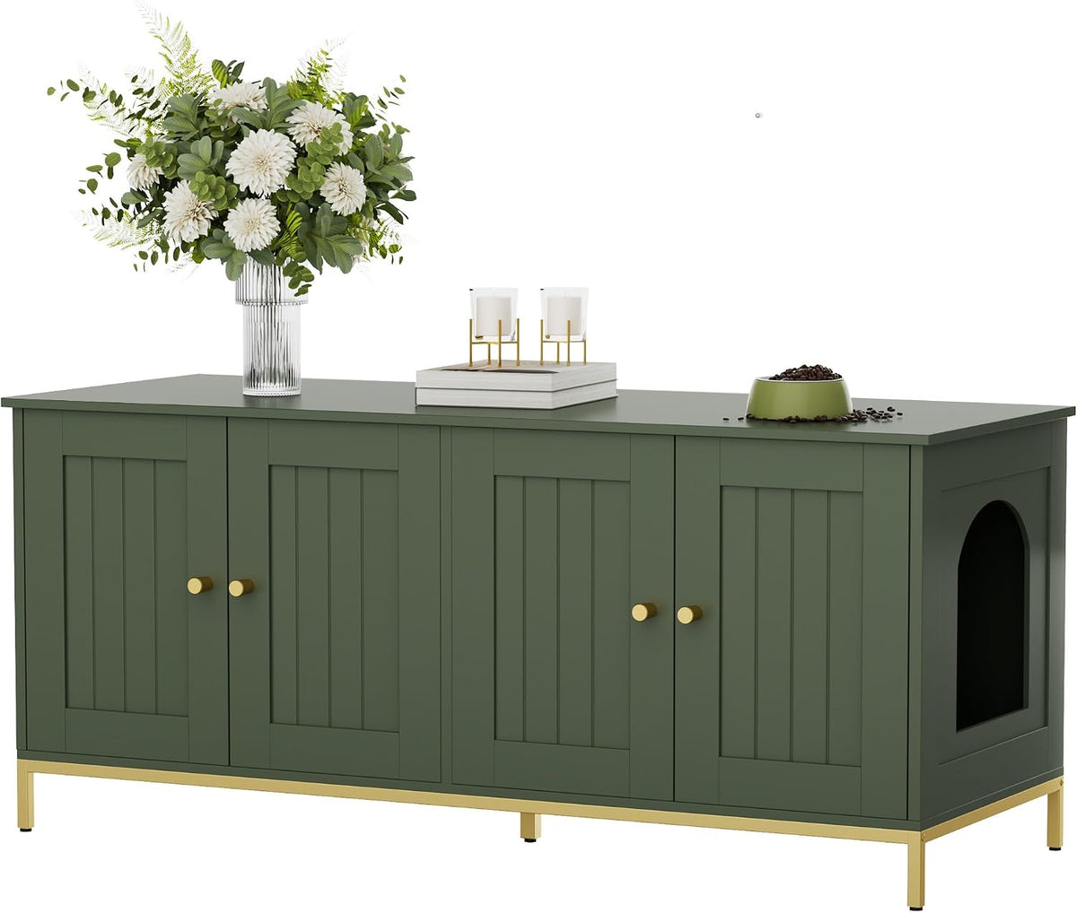 Long green cabinet with four doors and gold metal base displayed with vase and bowl on top