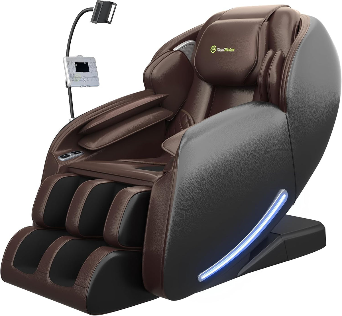 Three-quarter view of a dark brown massage chair with black leg cushions and glowing blue side light.