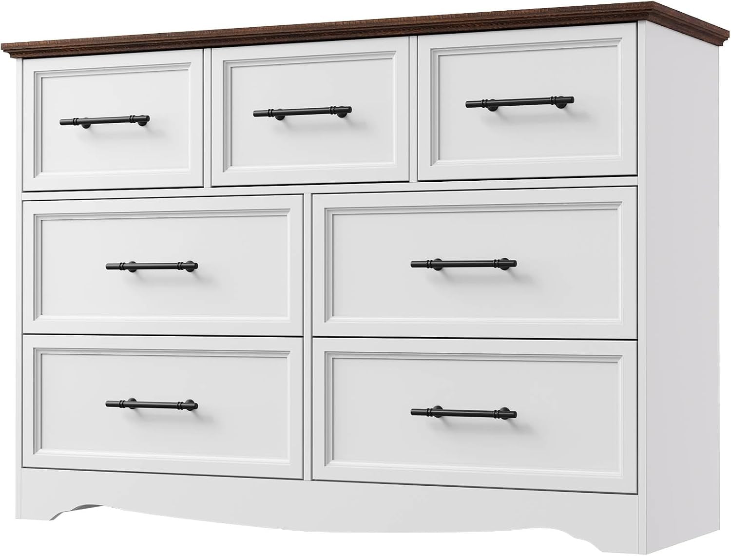 Wide white dresser with dark wood top featuring eight drawers and black handles.