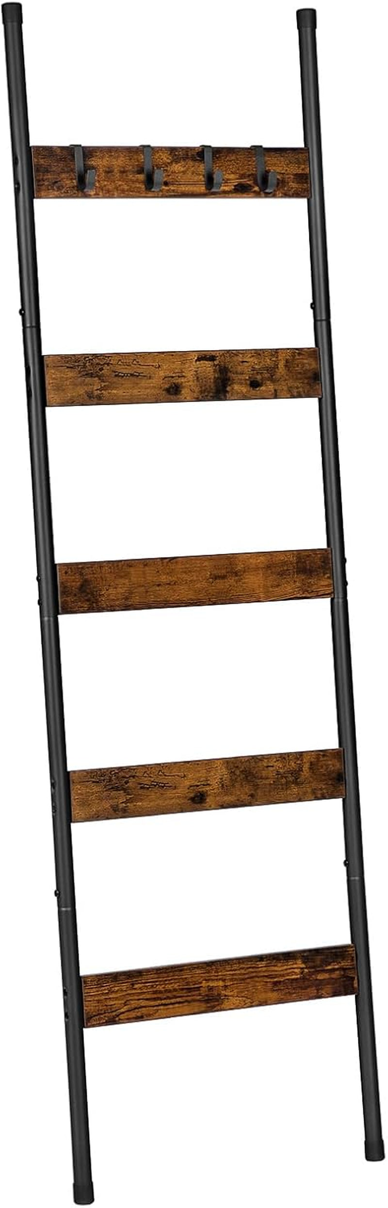 Front view of ladder with dark distressed wood slats, four black hooks at top and black metal side rails.