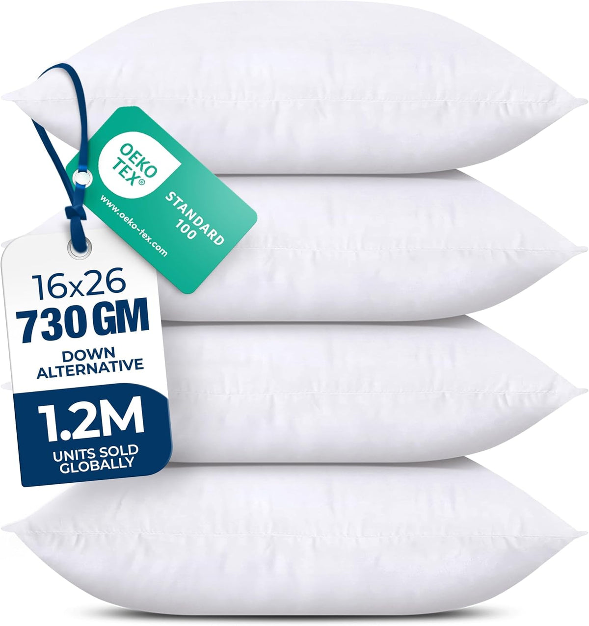 Side profile of four white pillows stacked evenly, featuring a hanging green tag and a large white hang card at the corner.