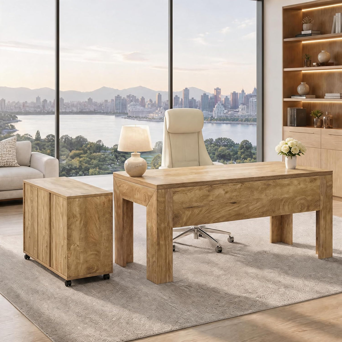 Back and side view of brown engineered wood L-shaped desk with mobile file cabinet positioned beside the desk