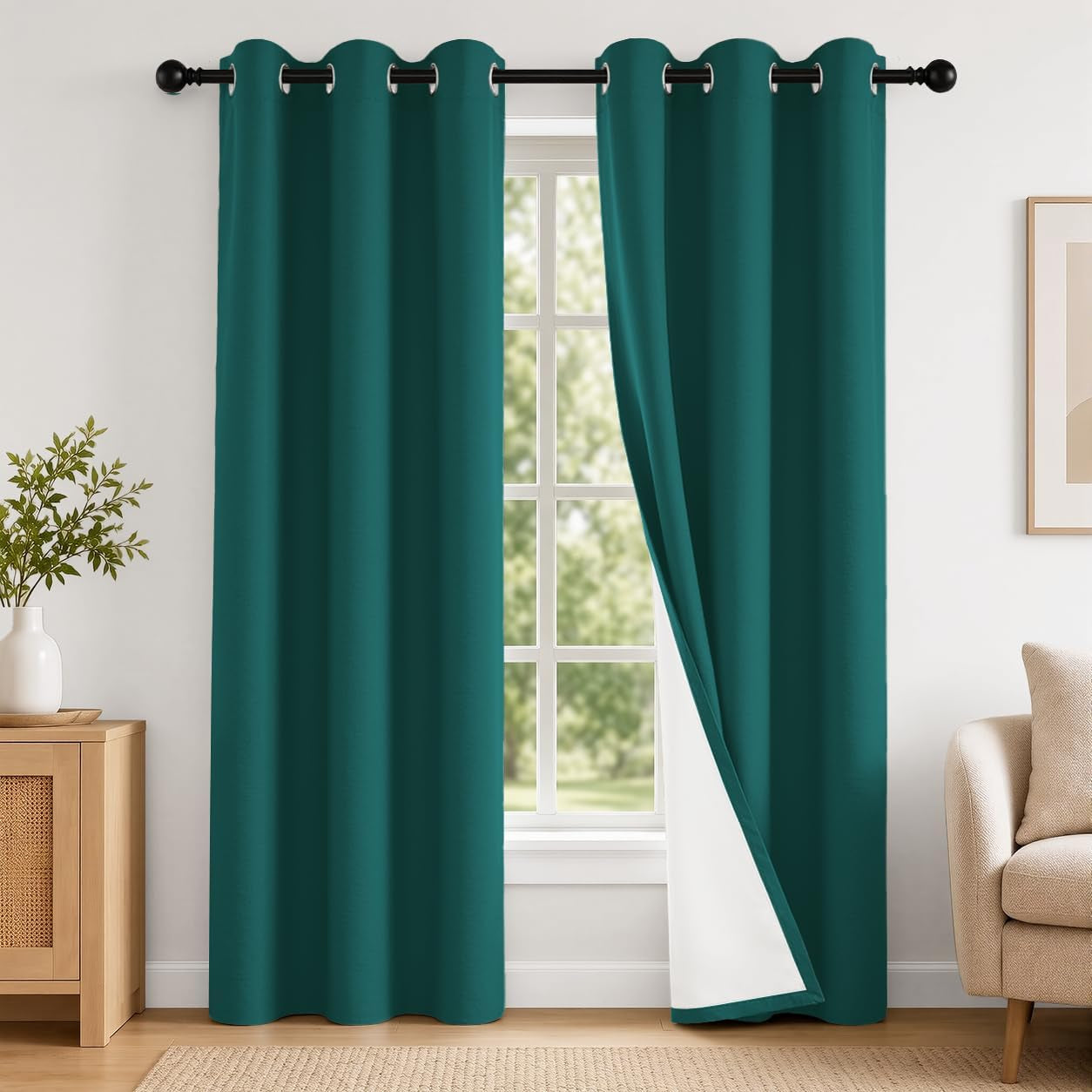 Front view of teal grommet curtains with one panel pulled back to expose white backing, styled with a console and armchair.