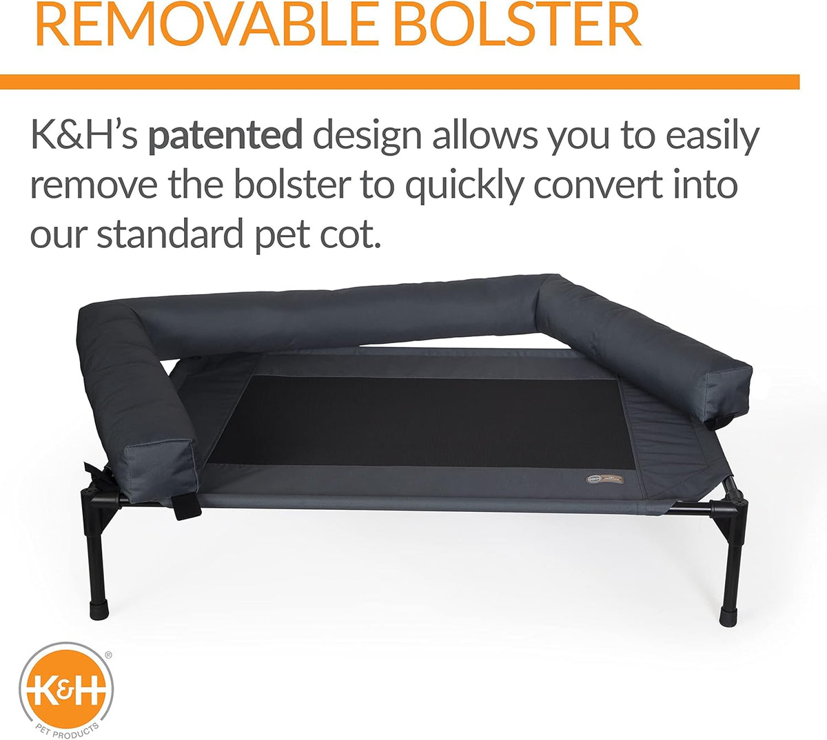 Charcoal pet cot with removable plush bolster partially detached, front angle on white background