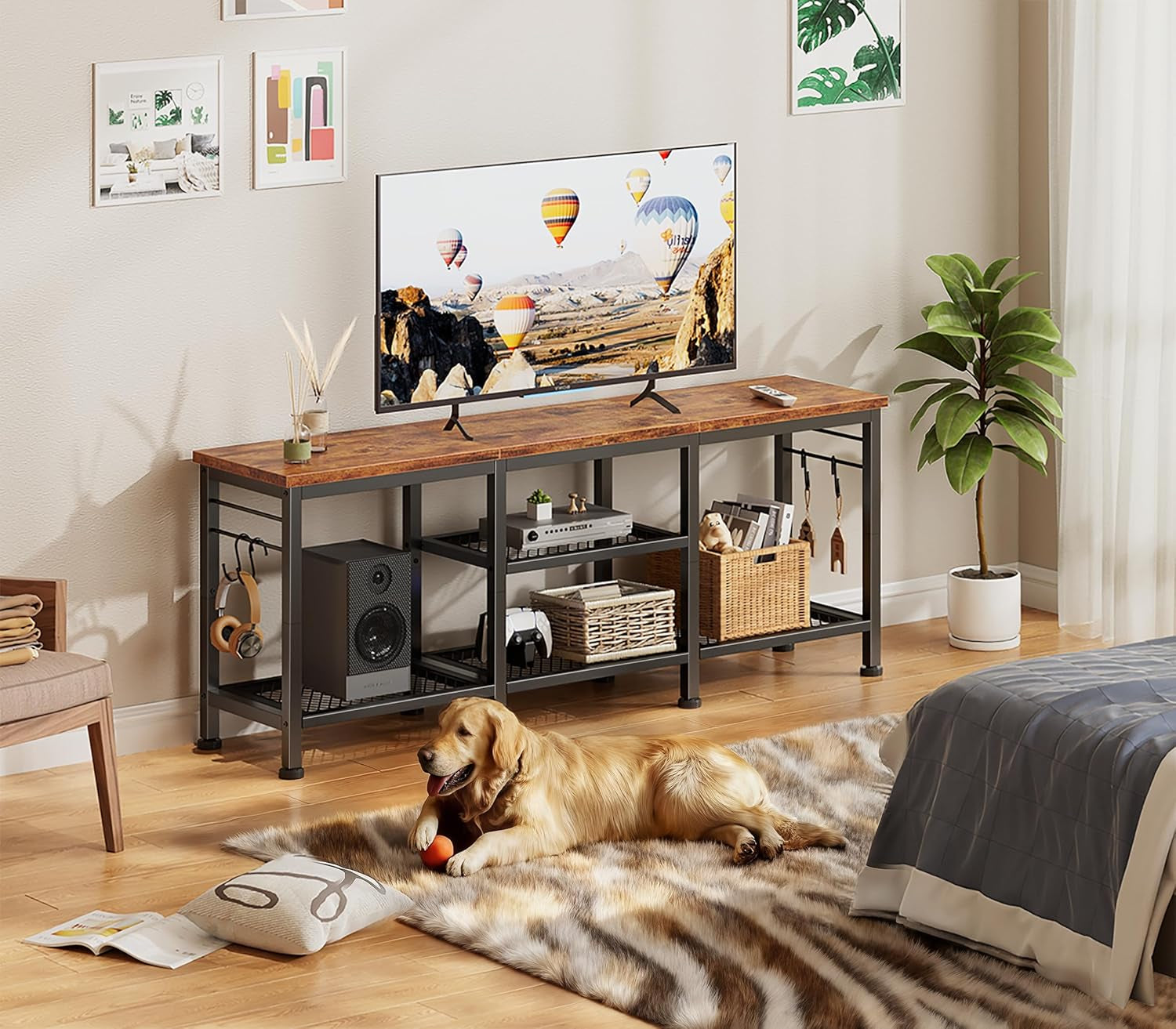Close-up collage showing stable metal frame, laminated MDF top and open mesh shelf details
